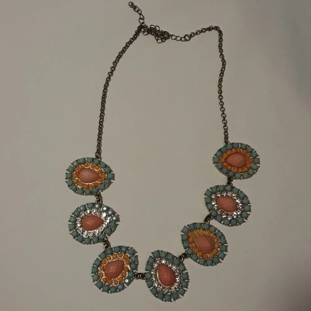 8 for $20 Beautiful Aqua Pink Coral Color and Diamonds Necklace